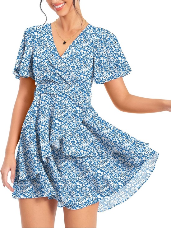 Hao Meili Dresses & Skirts - Hao Meili Blue Floral Ruffle Mini Swing Skater Dresses